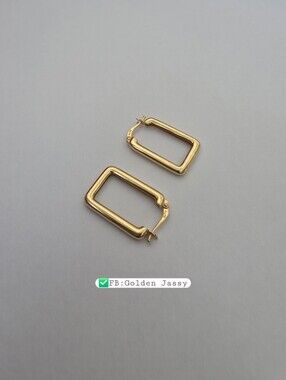 18K Real Gold Rectangle Hoop E